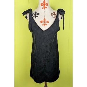 SHEIN Womens 6 Shoulder Tie Short Corduroy Dress Black Sleeveless V-Neck EUC